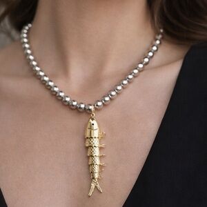 Gold Fish Pendant Bold Silver Ball Chain Necklace